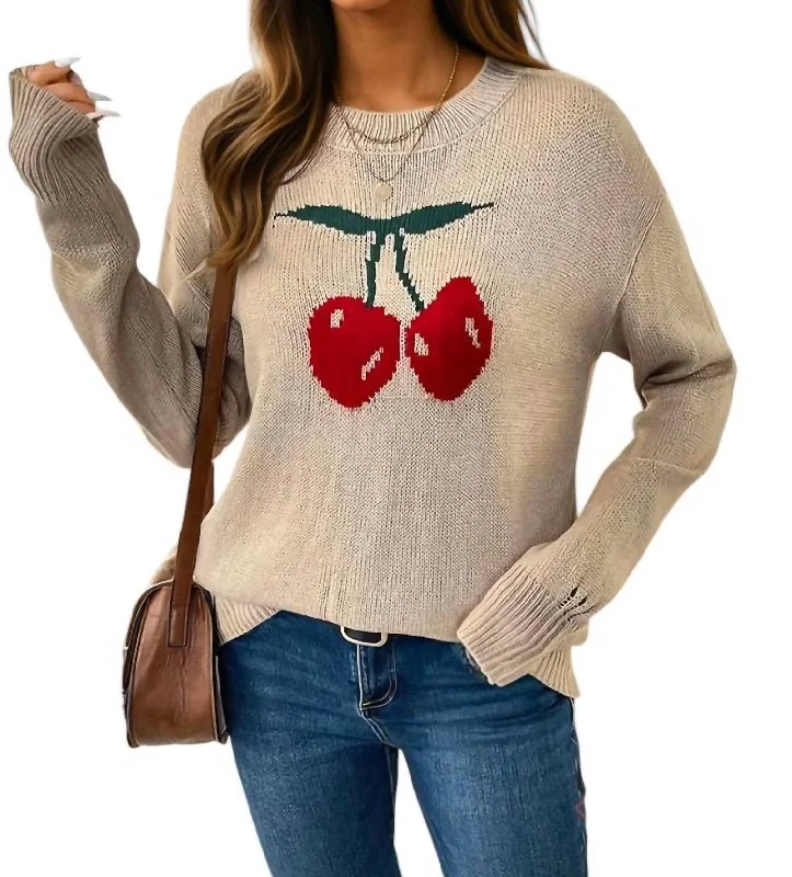 Women's Office Attire Cherries Crewneck Pullover Distressed Sweater In Khaki