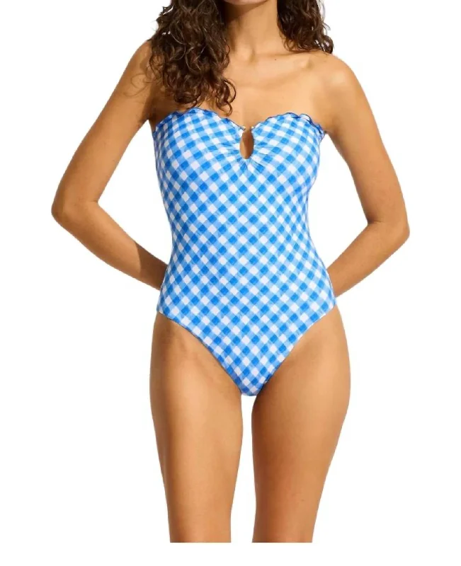 Affordable Online Boutiques Bandeau One Piece Swimsuit In Blue Check