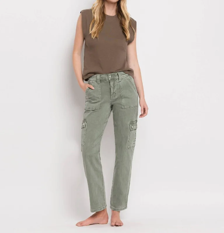 Women's Professional Clothes High Rise Cargo Straight Jeans In Army Green