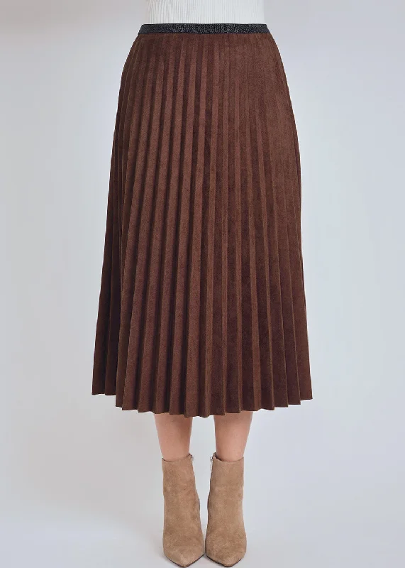 Women's Chic Outfit Brown Pleated Suede Midi Skirt