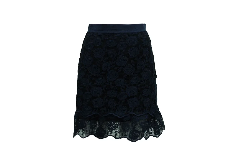 Women's Work Outfit Sandro Dee Rose Pattern Lace Skirt in Navy Blue Polyester