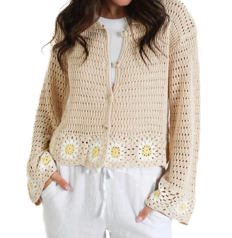 Women's Clothing Boutique Floral Trim Sweater In Beige