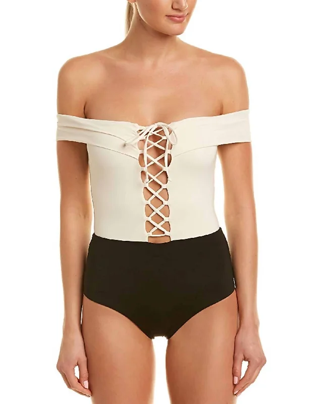 Women's Chic Outerwear Outfit Anja Off The Shoulder Lace Up Tie One-Piece Swimsuit In Cream/black