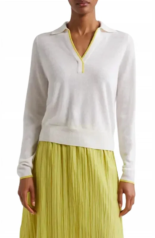 Effortless Chic for Women Long Sleeve Cashmere Polo Sweater In Meringue/banana Merba