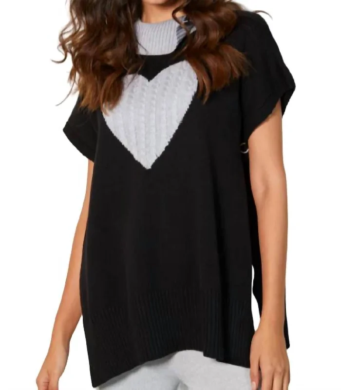 Luxury Women's Fashion Zip Cowl Neck Heart Poncho In Black/slate