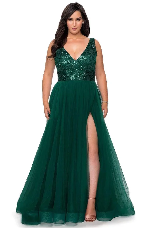 Women's Athletic Garments La Femme 29045SC - V-Neck Tulle A-Line Evening Gown