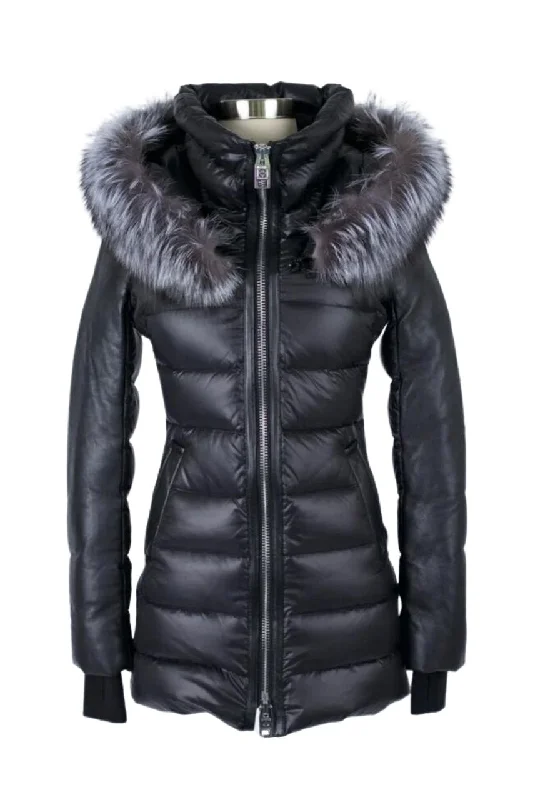 Women Apparel Leather Trim Down Parka W/ Fur Hood