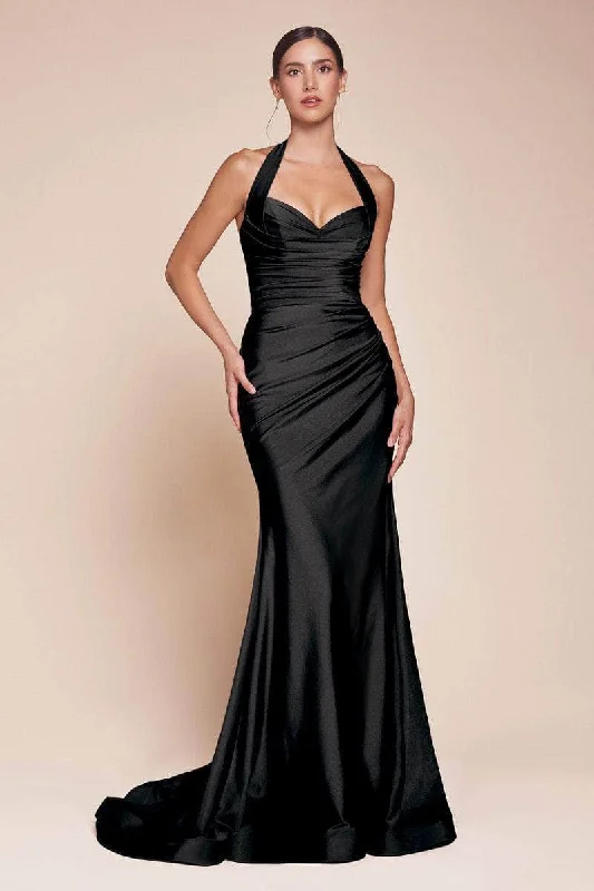 Charming Women's Clothes For Special Events Ladivine CD796C - Ruched Long Gown with Slit