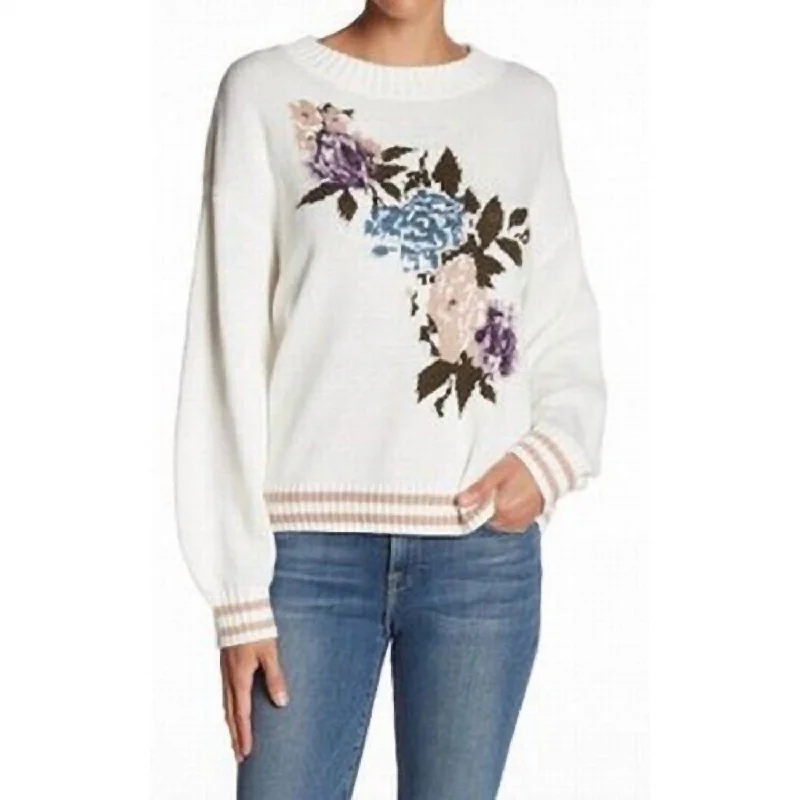 Women's Vintage Attire Floral Crewneck Cotton Sweater In White