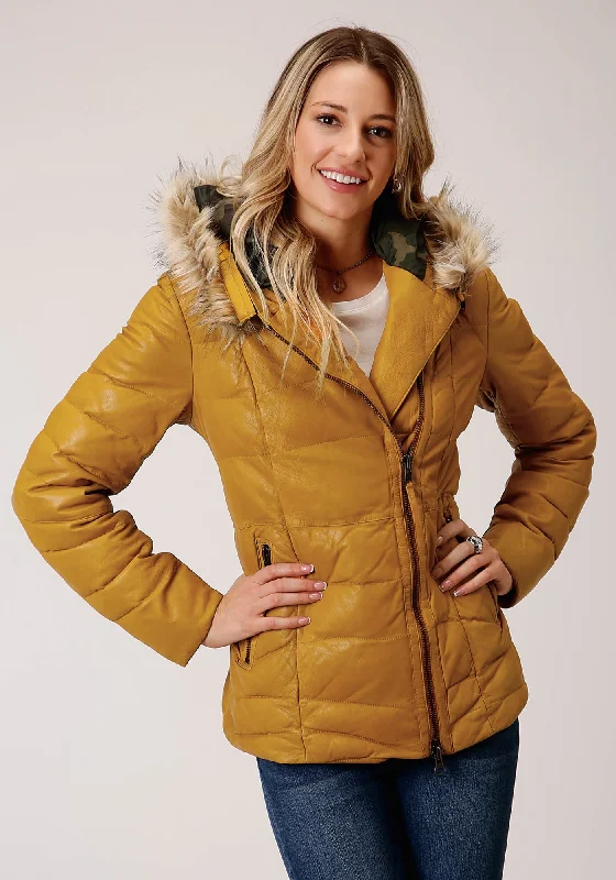 Women's Holiday Clothing Stetson Womens Yellow Leather Quilted Hooded Jacket