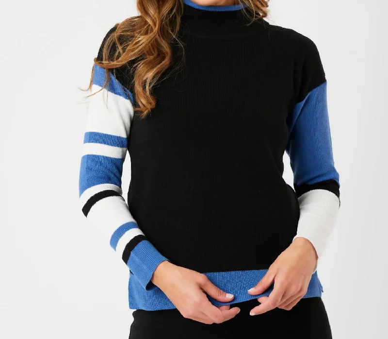 Women's Comfortable Lounge Attire Stripe Sleeve Mock Neck Sweater In Black/denim