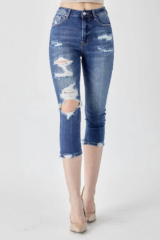 Chic Clothing For Women High-Rise Distressed Capri In Dark Wash