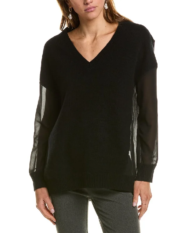 Women's Effortless Casual Outfit Reiss Shelly Hybrid Knit Sheer V-Neck Sweater