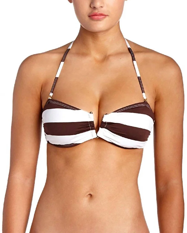 Women's Activewear Attire Women Godiva Striped Halter Spaghetti Strap Bandeau Swimsuit Bikini Top In Brown White