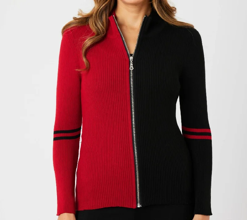 Women's Seasonal Garments Two Tone Ribbed Zip Up Cardigan In Black/red