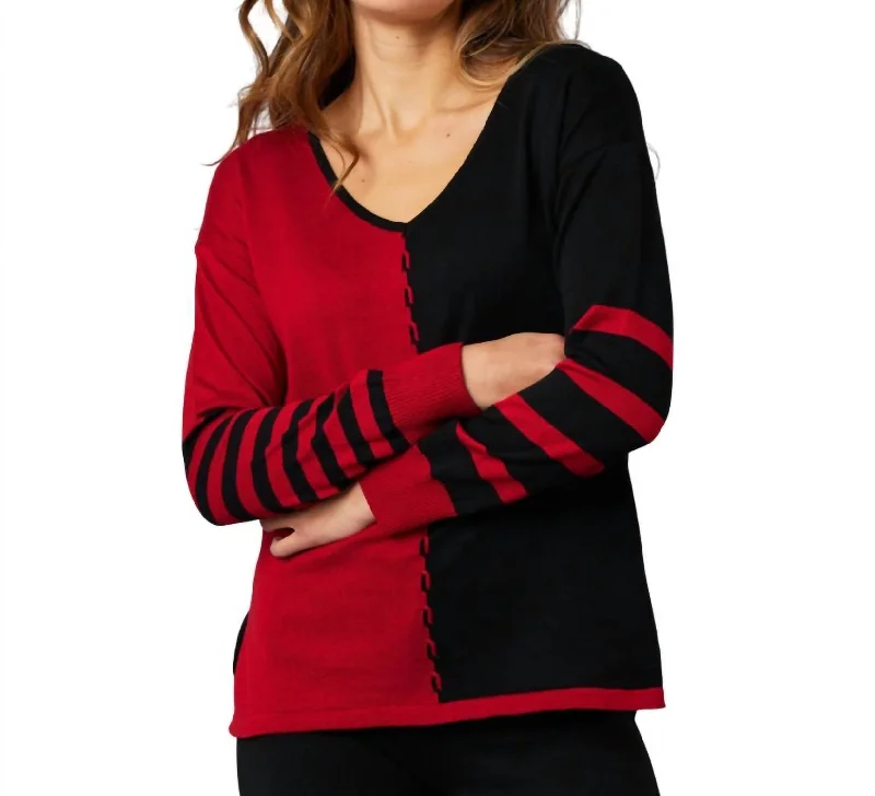 Women's Chic Outerwear Outfit V-Neck Cable Sleeve Sweater In Black/red