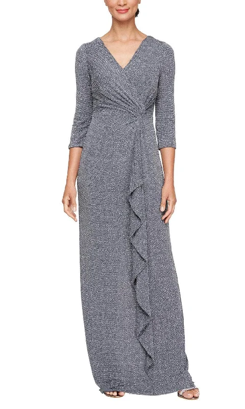 Women's Seasonal Wardrobe Clothing Alex Evenings 8127849 - V-Neck Metallic Knit Formal Gown