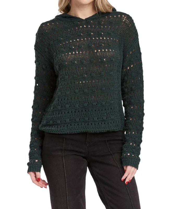 Women's Clothing For Outdoor Events Olsen Pointelle Hoodie Sweater In Dark Moss