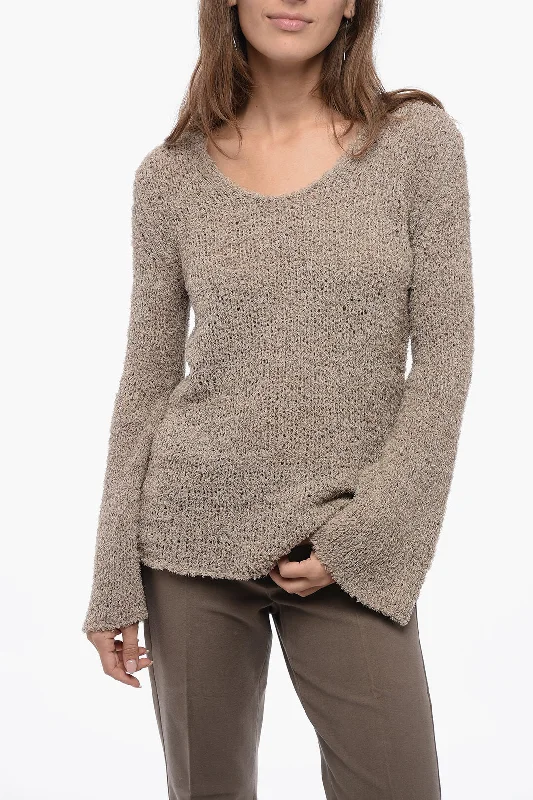 Timeless Women's Clothes By Malene Birger Crew Neck Cotton Blend Sweater with Wide Sleeves