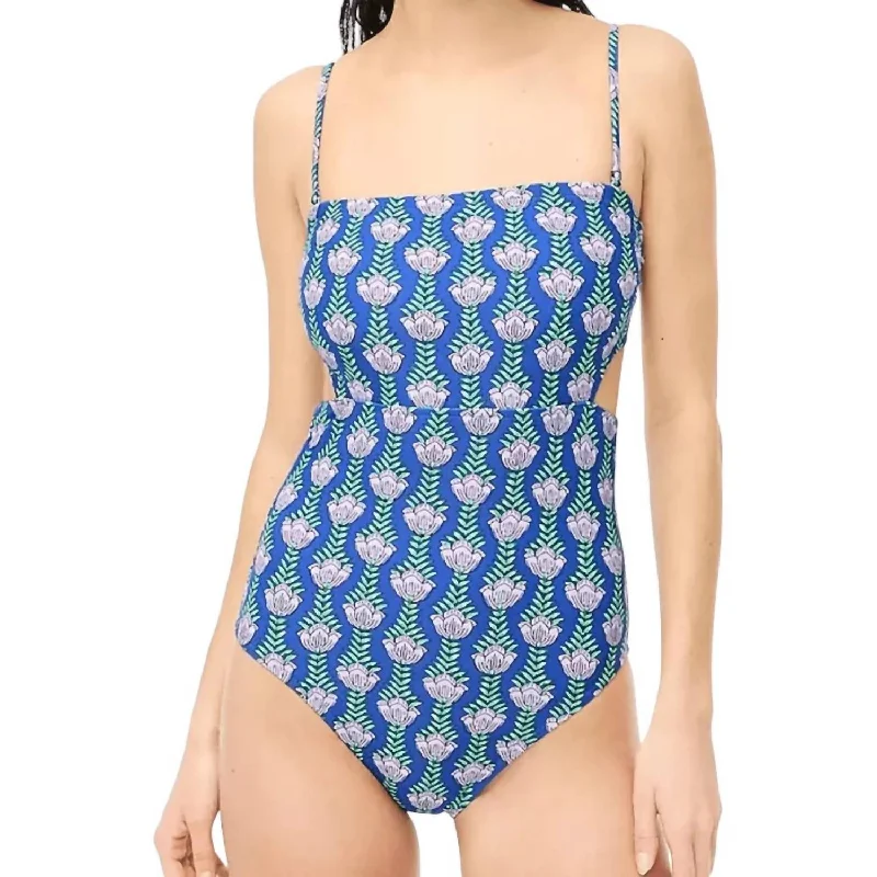 Affordable Women's Clothing Online Printed Cutout One-Piece Swimsuit In Blue Multi