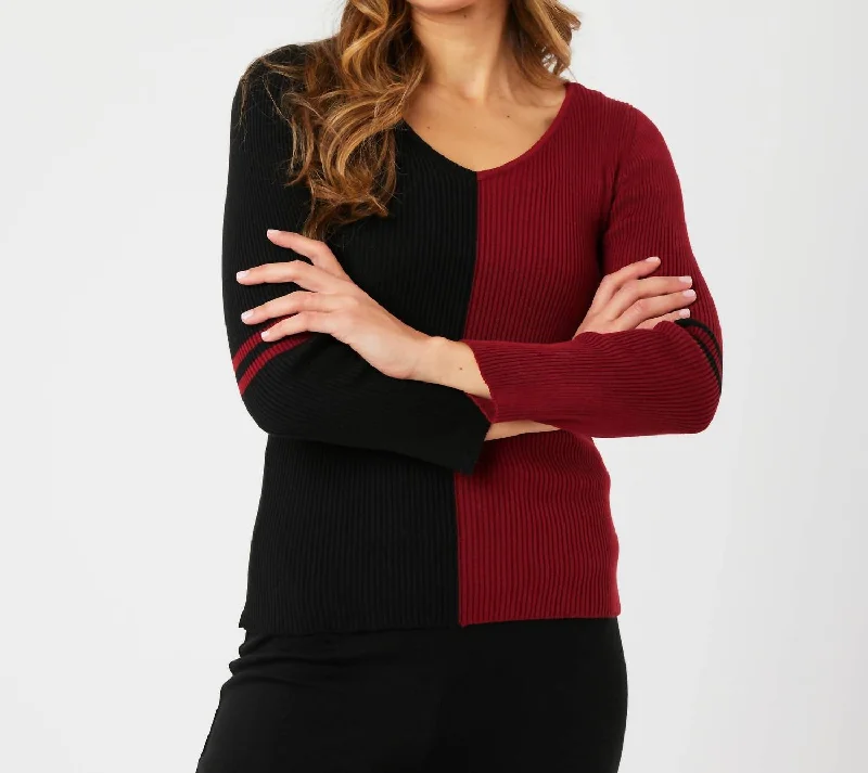 Women's Vintage-Inspired Outfit V-Neck Ribbed Sweater In Black/wine