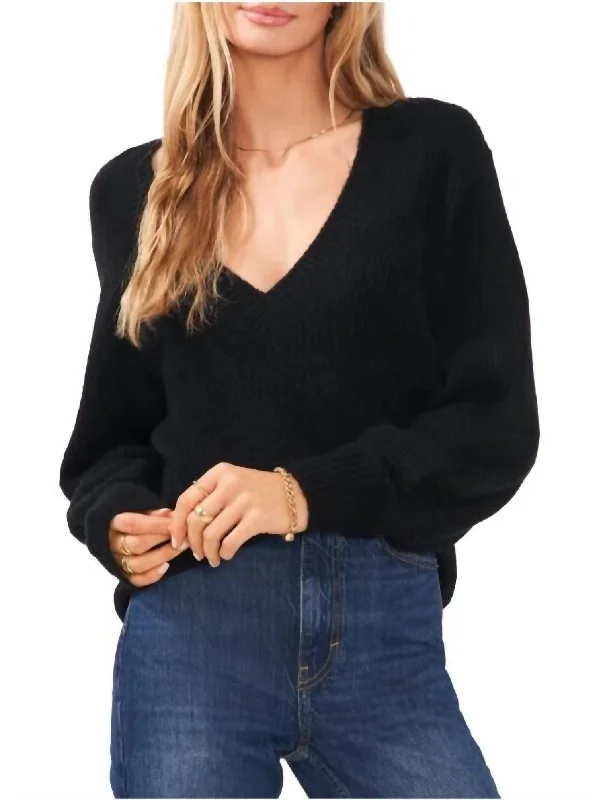 Women's Vacation Attire Women's V Neck Bubble Sleeve Sweater In Black