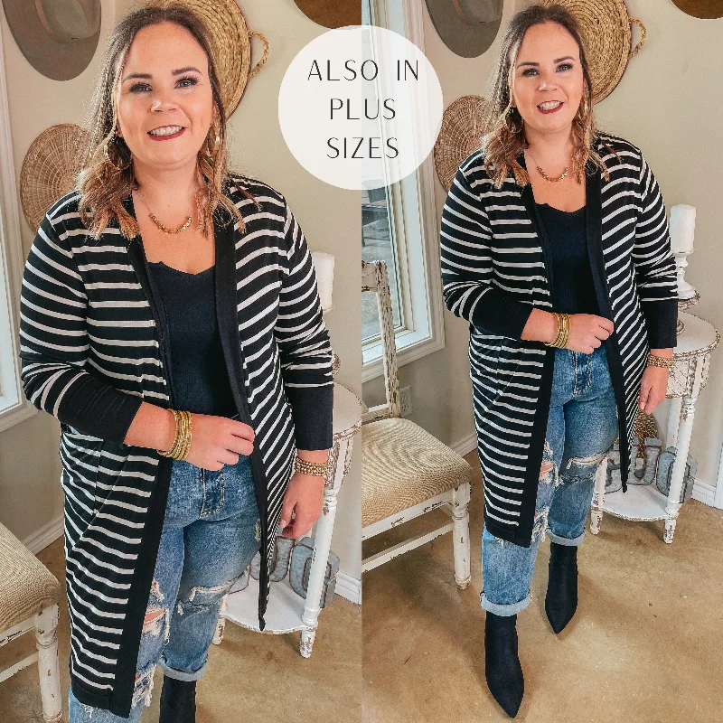 Women's Clothing Sale Online On the Scene Long Sleeve Striped Open Front Cardigan in Black