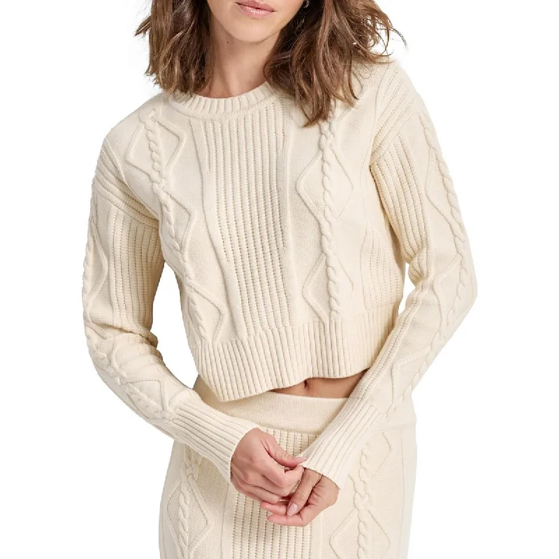 Women's Clothing For Travel Womens Ribbed Trim  Cable Knit Crop Sweater