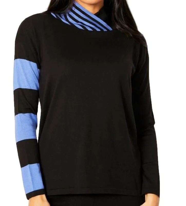 Women's Casual Outfit Stripe Funnel Neck Sweater In Black/periwinkle