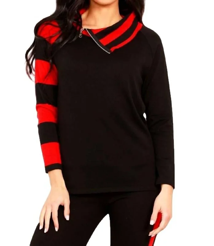 Women's Vacation Outfit Striped Zip Neck Sweater In Black/red