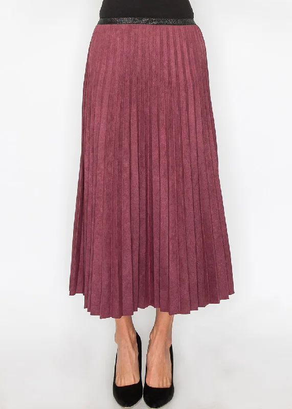 Women's Formal Event Outfit Elegant Burgundy Suede Pleat Midi Skirt