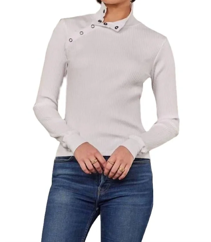 Plus Size Women's Fashion and Clothing Andre Long Sleeve Snap Turtleneck Top In White