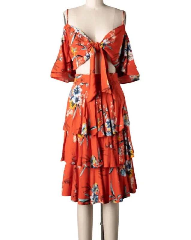 Women's Seasonal Clothing Top And Skirt Set In Orange Multi