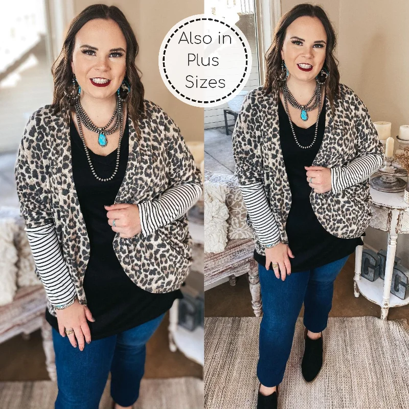 Casual Outfit For Women Lining Up Long Sleeve Dolman Cardigan with Striped Sleeves in Leopard