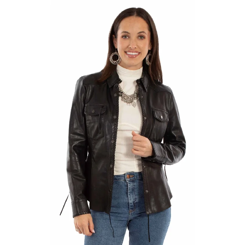 Women's Contemporary Clothing Scully Womens Western Snap Black Leather Leather Jacket