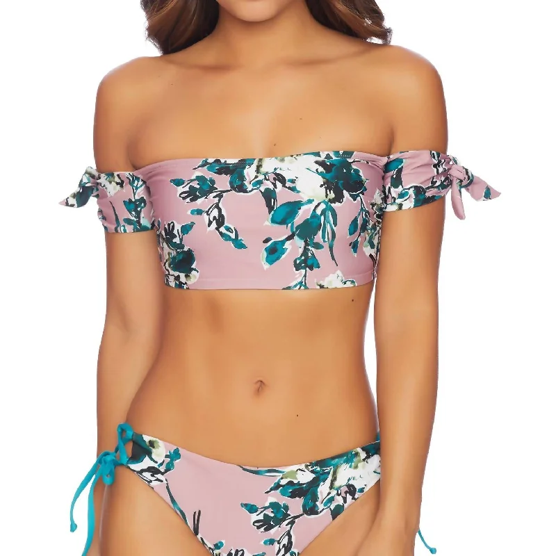 Women's Plus-Size Clothes Off Shoulder Bandeau Bikini Top In Watercolor Floral Pink