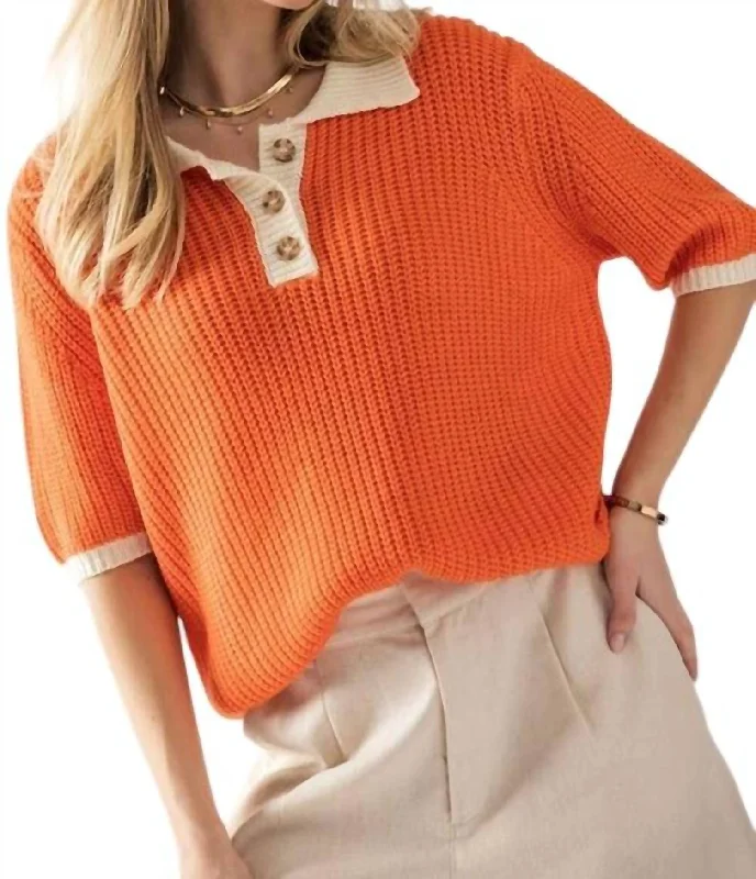 Women's Apparel And Garments Two Tone Contrast Quarter Button Knit Sweater In Orange