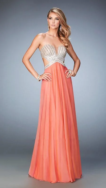 Stylish Everyday Clothing La Femme - Plunging Sweetheart Side Cutout Chiffon Gown 22179