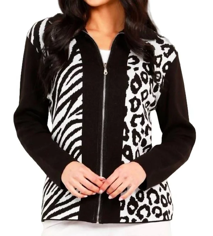 Women's Clothing Outfit Set Animal Print Zip Cardigan In Black/white