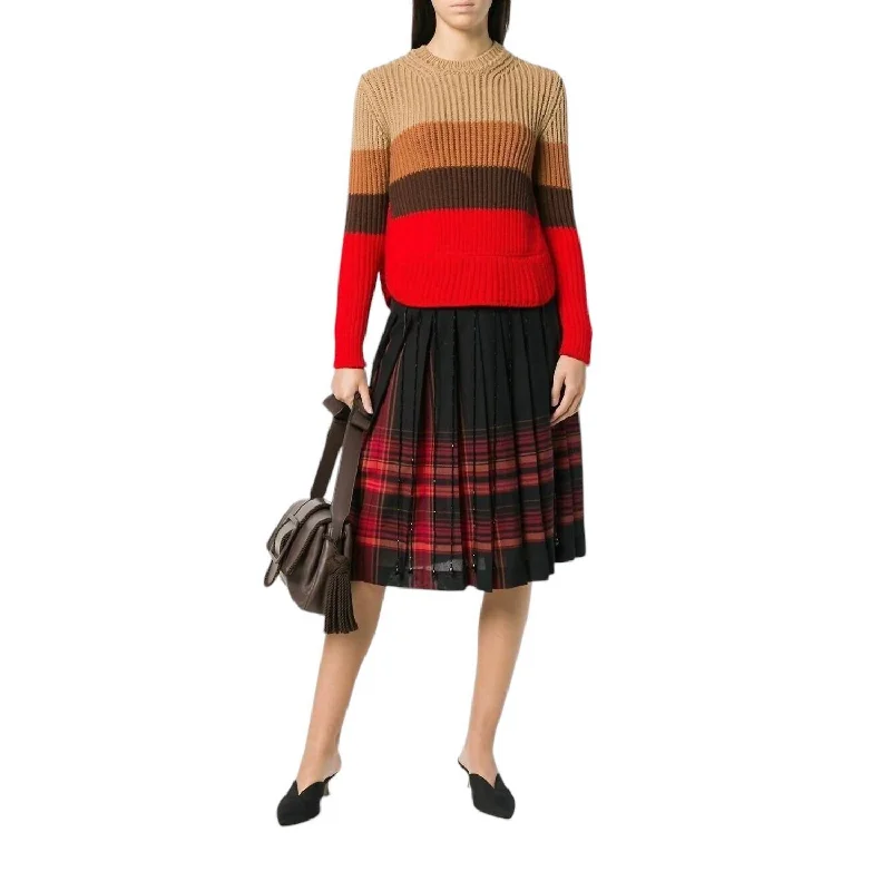 Women's Elegant Evening Outfit Wool Knit Sweater In Red/brown/camel