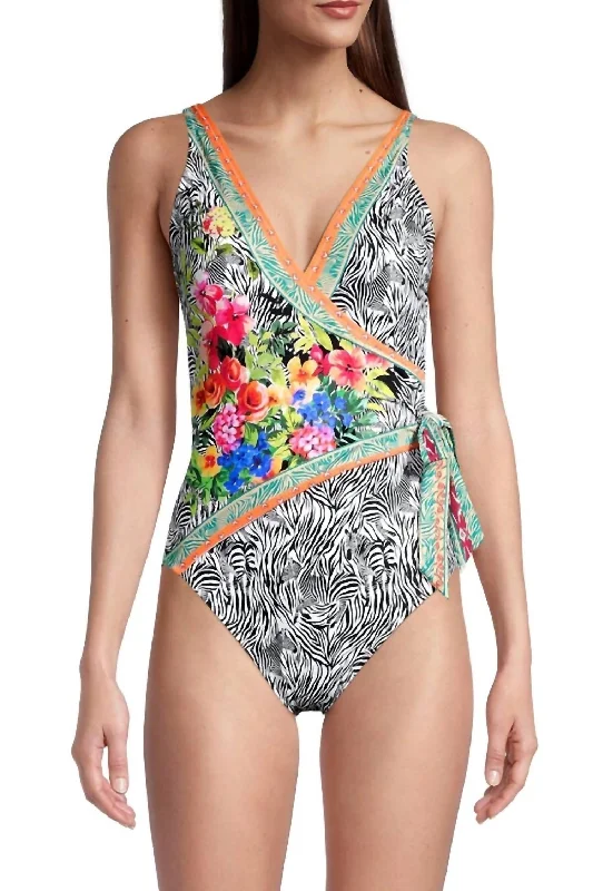 Charming Women's Outfit For Special Occasions Zebra Print Wrap Style Swimsuit In Multi