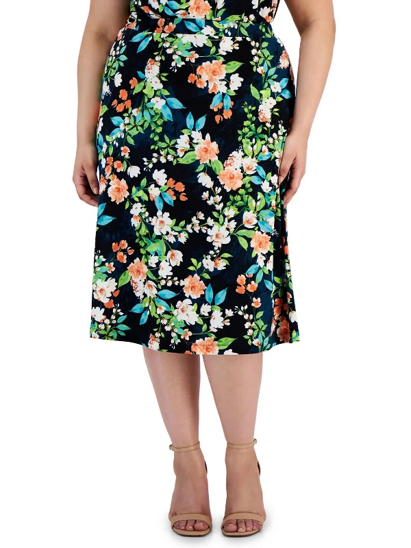 Women's High Street Fashion Plus Womens Knee Length Floral Print A-Line Skirt