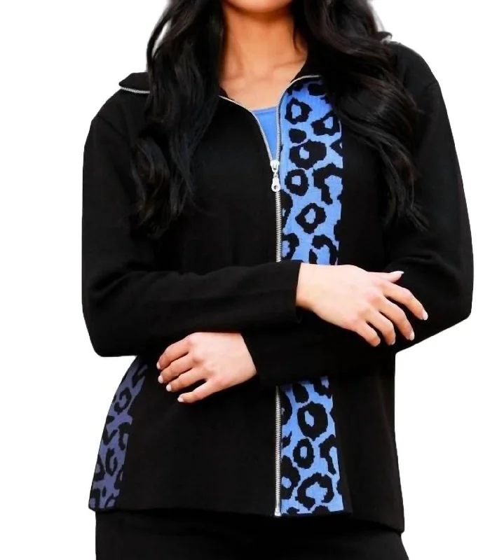 Women's Layered Outfit Leopard Zip Cardigan In Black/periwinkle