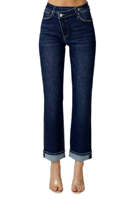 Flash Discount High Rise Straight Leg With Cross Over Waistband In Dark Denim