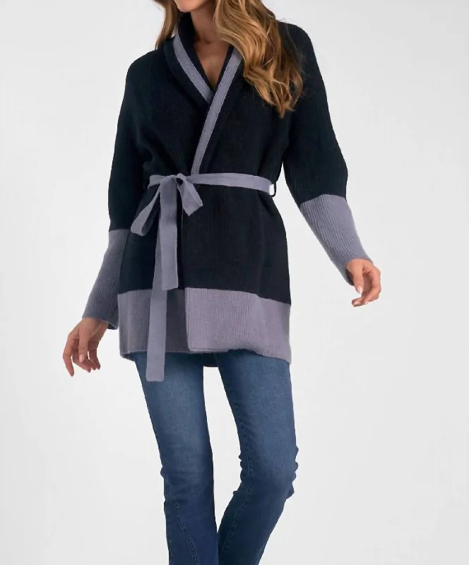 Classic Women's Clothing Styles Belted Color Block Cardigan In Black/grey