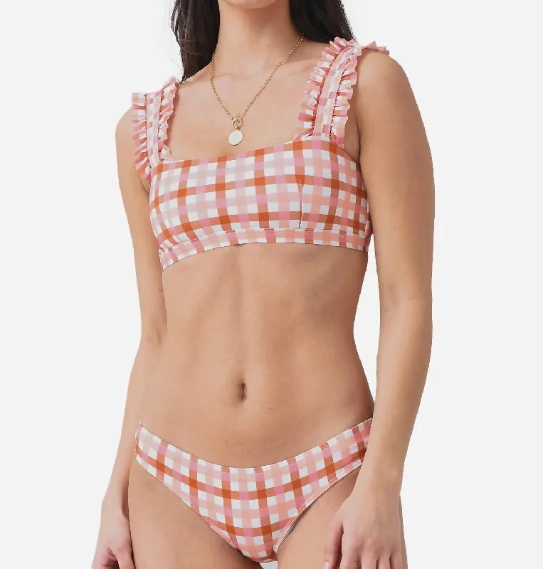 Casual Chic Women's Clothes Gingham Ruffle Bikini Top In Terracotta Peach Gingham