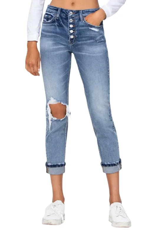 Fashionable Women's Clothing High Rise Cuffed Boyfriend Jean In Medium Indigo Wash