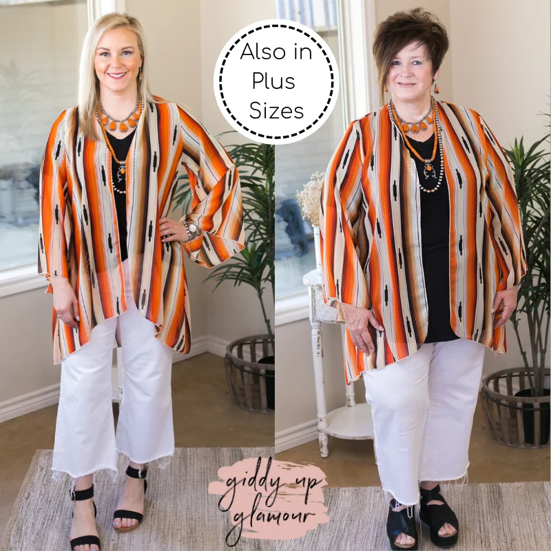 Women's Vintage-Inspired Outfit Southwestern Sunrise Serape Print Sheer Kimono in Orange and Beige