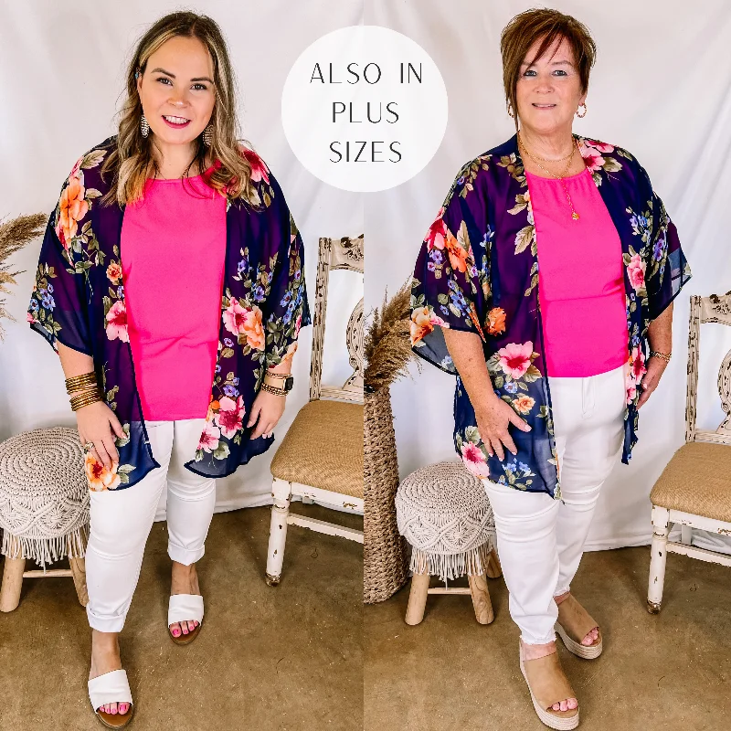 Formal Clothing For Women Forever Friends Floral Print Short Sleeve Kimono in Dusty Navy Blue