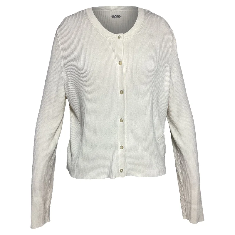 Plus-Size Women's Clothing Boss Ribbed Cardigan in White Viscose